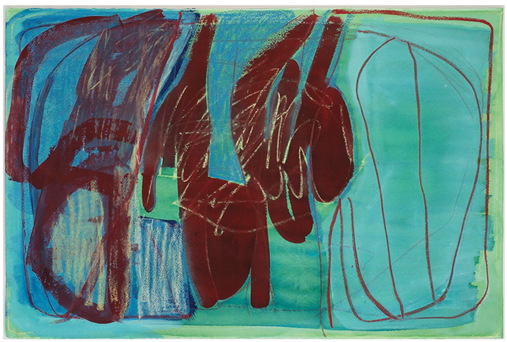 Drawn water/painted land    2014    watercolor/oil pastel on paper     26x40"